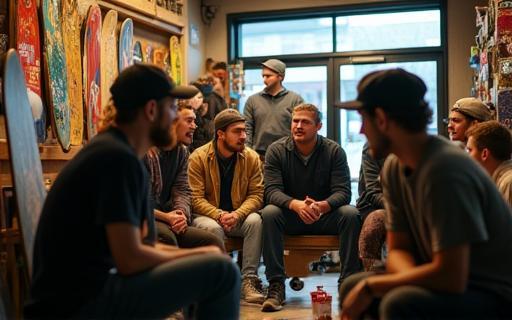 Skaters chatting and hanging out inside the skate shop.