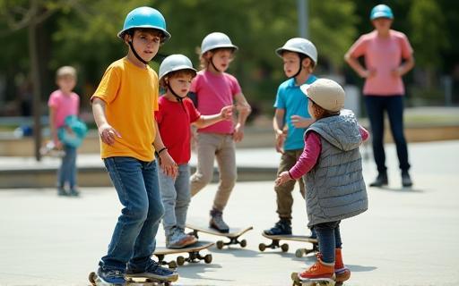 Group of kids learning to skateboard in a park.