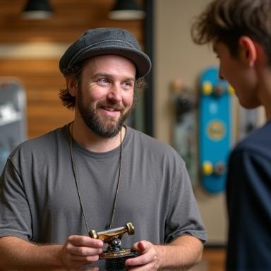 Skateboarder giving advice on a board.