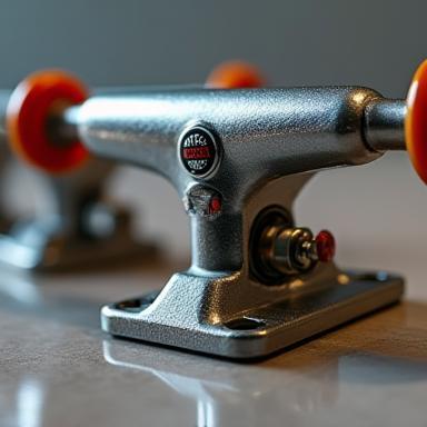 Close up of skateboard wheels and trucks.