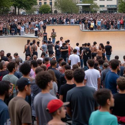 Group of skaters gathered and talking at a community event near a ramp.