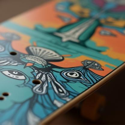 Close-up of a newly assembled custom skateboard deck graphic.