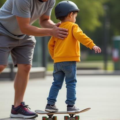 Skateboarding instructor helping a beginner child skater balance on a board.