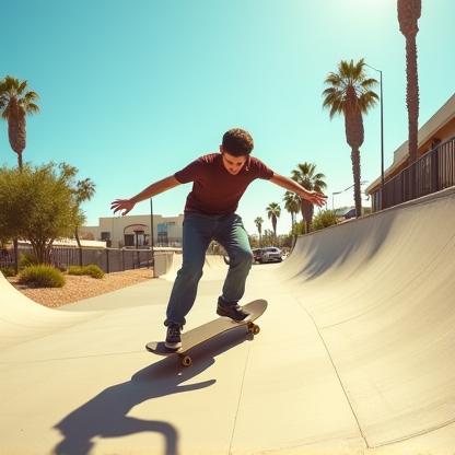 Skateboarder riding down a hill at a famous San Diego urban skate spot with palm trees in the background.