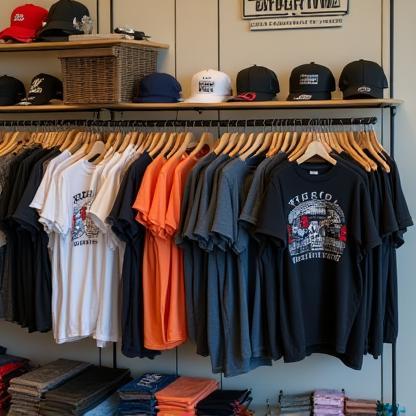 Display of skateboard-related apparel like t-shirts and hats in the store.