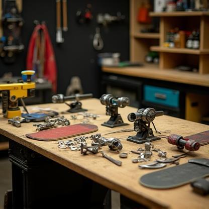 Workbench with skateboard tools and parts for repair.