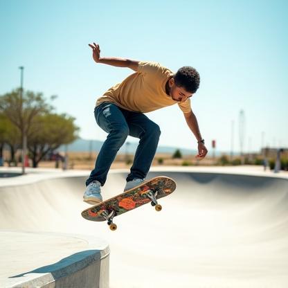 Skateboarder doing a trick mid-air over a gap at a park.