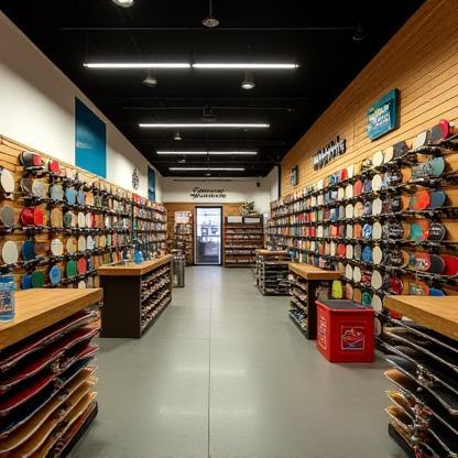 Interior view of the Concrete Wave Supply store with racks of gear and skateboards on display.