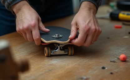Hands assembling a skateboard.