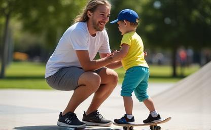Skateboarding instructor teaching a child.
