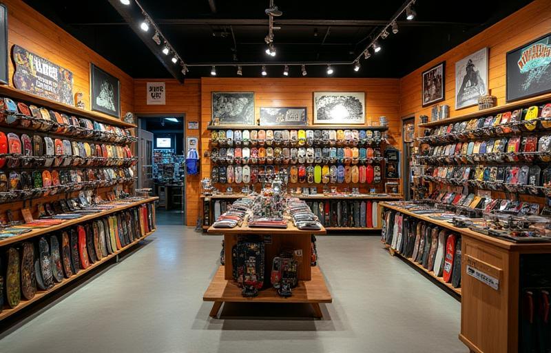 Display of various skateboard decks, wheels, and trucks in the shop.